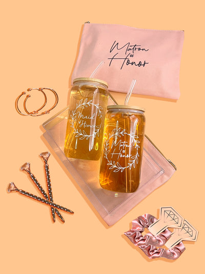 Bridesmaid Proposal Set | 16oz Glass Cups, Makeup Bags, Wedding Gifts