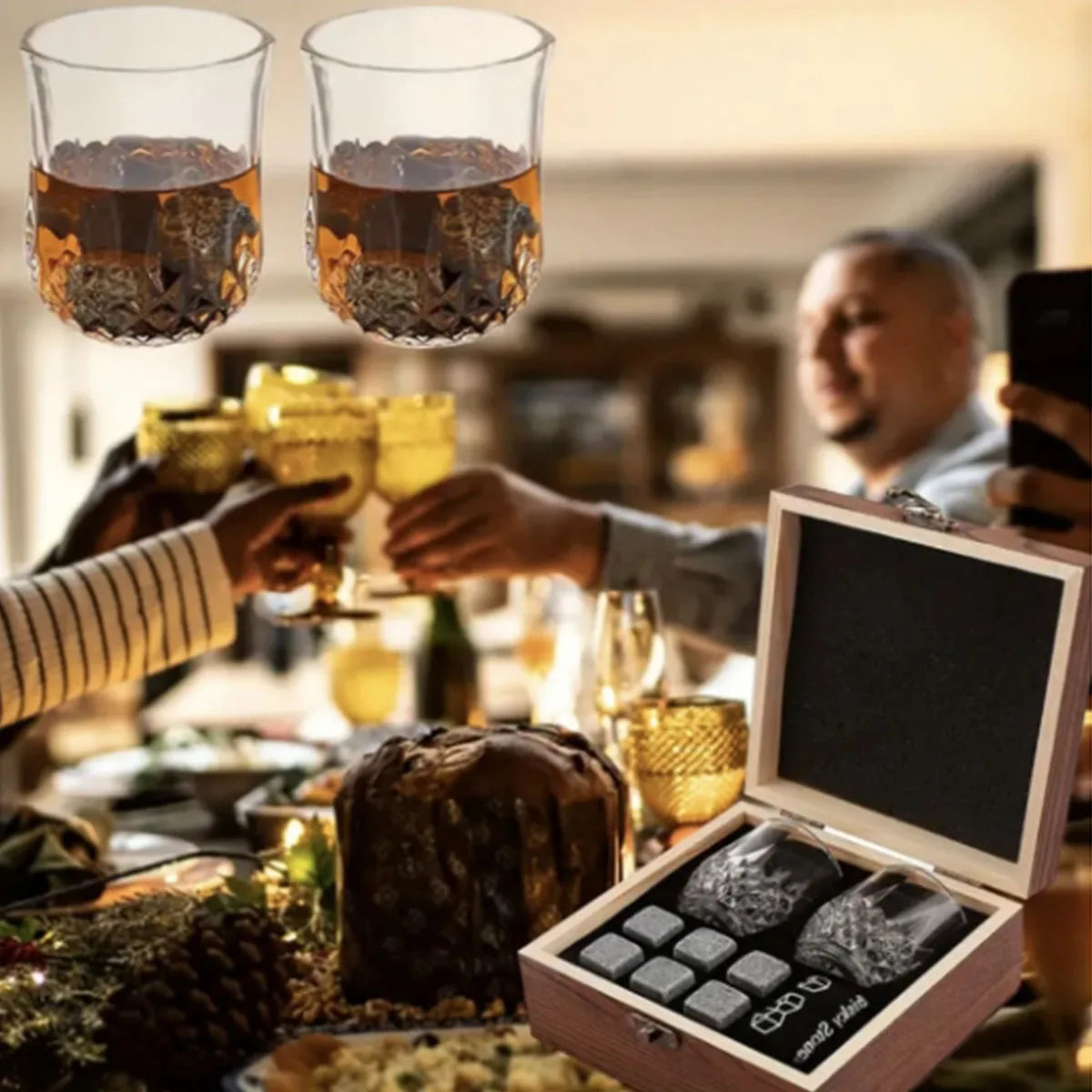 Granite Ice Cubes with Glasses & Wooden Box – Perfect Gift for Men - Merelux Store