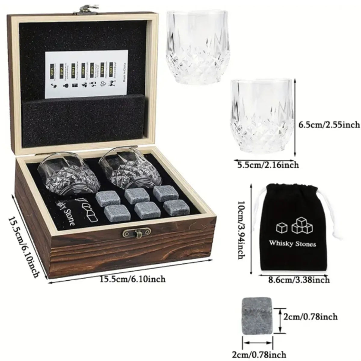 Granite Ice Cubes with Glasses & Wooden Box – Perfect Gift for Men - Merelux Store